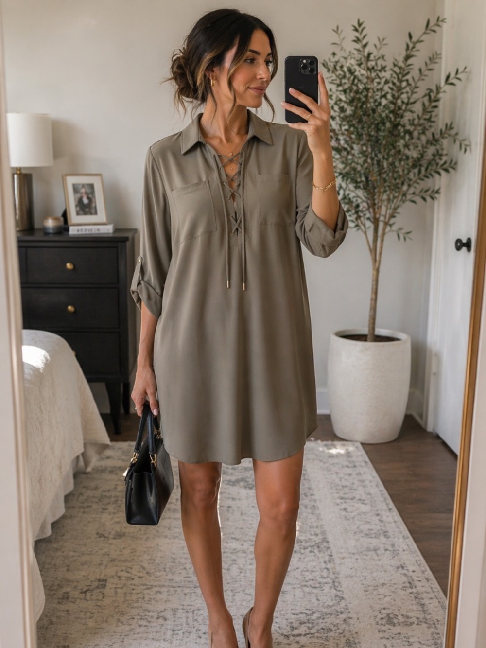 Jones New York Olive Green Lace-up Tunic Popover Shirt Dress Pockets 6 stretch